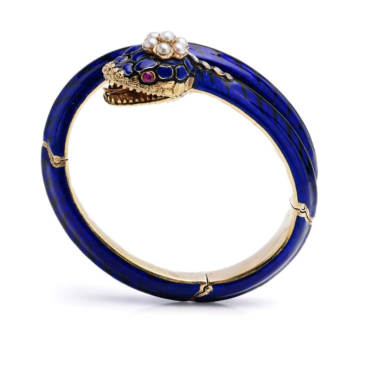 Antique Victorian Gold and Blue Enamel Snake Bangle Bracelet