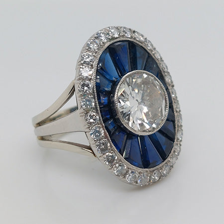 1.72ct Diamond and Calibre Sapphire Target Cluster Ring