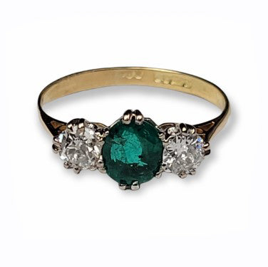 0.75ct Emerald and Diamond Trilogy Ring in 18ct Yellow Gold