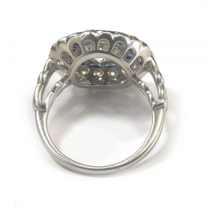Art Deco Style 1.40ct Old Cut Diamond and Calibre Sapphire Target Cluster Ring in Platinum