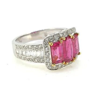 Certified Natural No Heat 1.88ct Ruby and Diamond Cluster Three Stone Ring