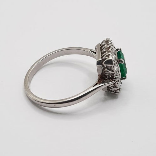 Vintage 0.56ct Colombian Emerald and Diamond Cluster Ring in Platinum