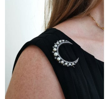 Antique Victorian Natural Pearl and Rose Cut Diamond Crescent Brooch in Silver Upon Gold, Circa 1890