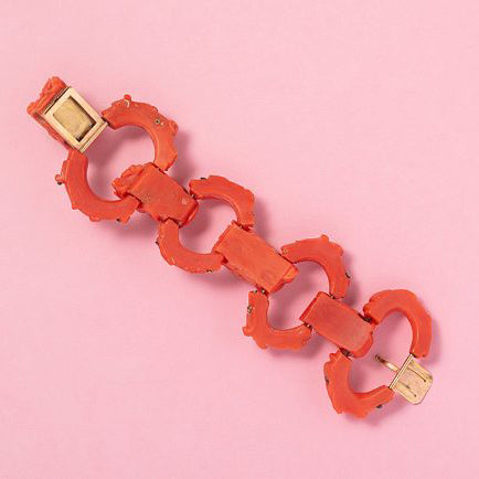 Georgian Antique Italian Carved Coral Link Bracelet, Circa 1840-1860