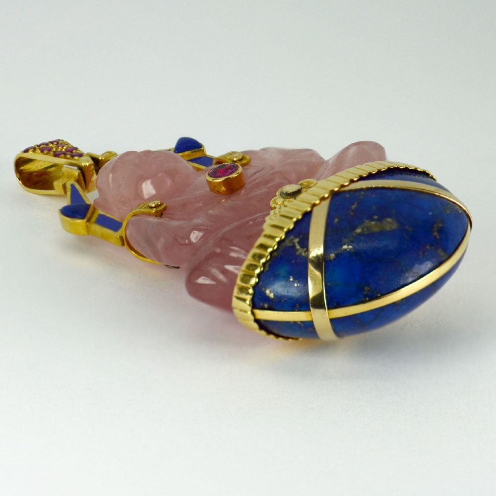 French 1.50ct Carved Rose Quartz Buddha Pendant with Lapis Lazuli and Rubies