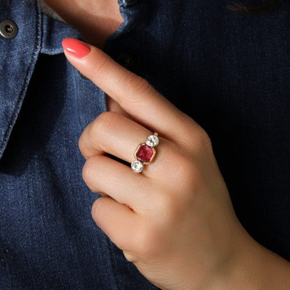 Art Deco Natural Cabochon Ruby and Diamond Trilogy Ring, 4.52 carats