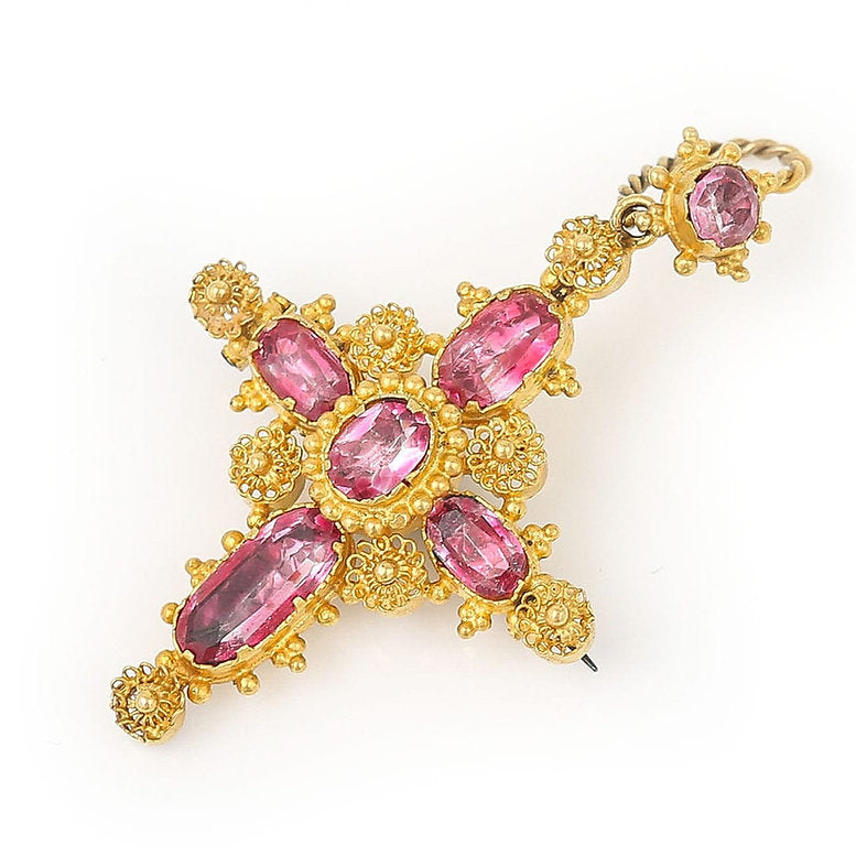 Antique Georgian Pink Topaz Cannetille Cross Pendant Brooch