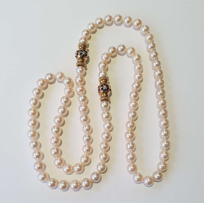 Vintage 1980s Italian Akoya Pearl Long Necklace with Gem Set Clasp