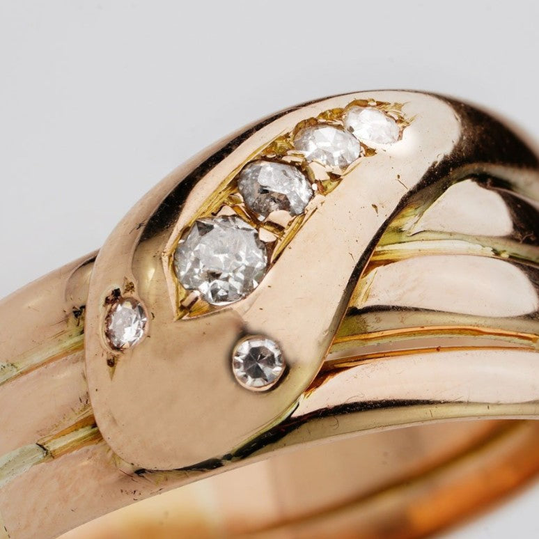 Antique 15ct Yellow Gold Coiled Snake Ring with Old Cut Diamonds