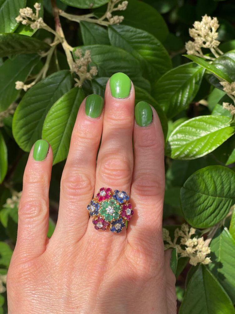 Vintage 1940s French Multi Gemstone Tutti Frutti Flower Ring 18ct Yellow Gold