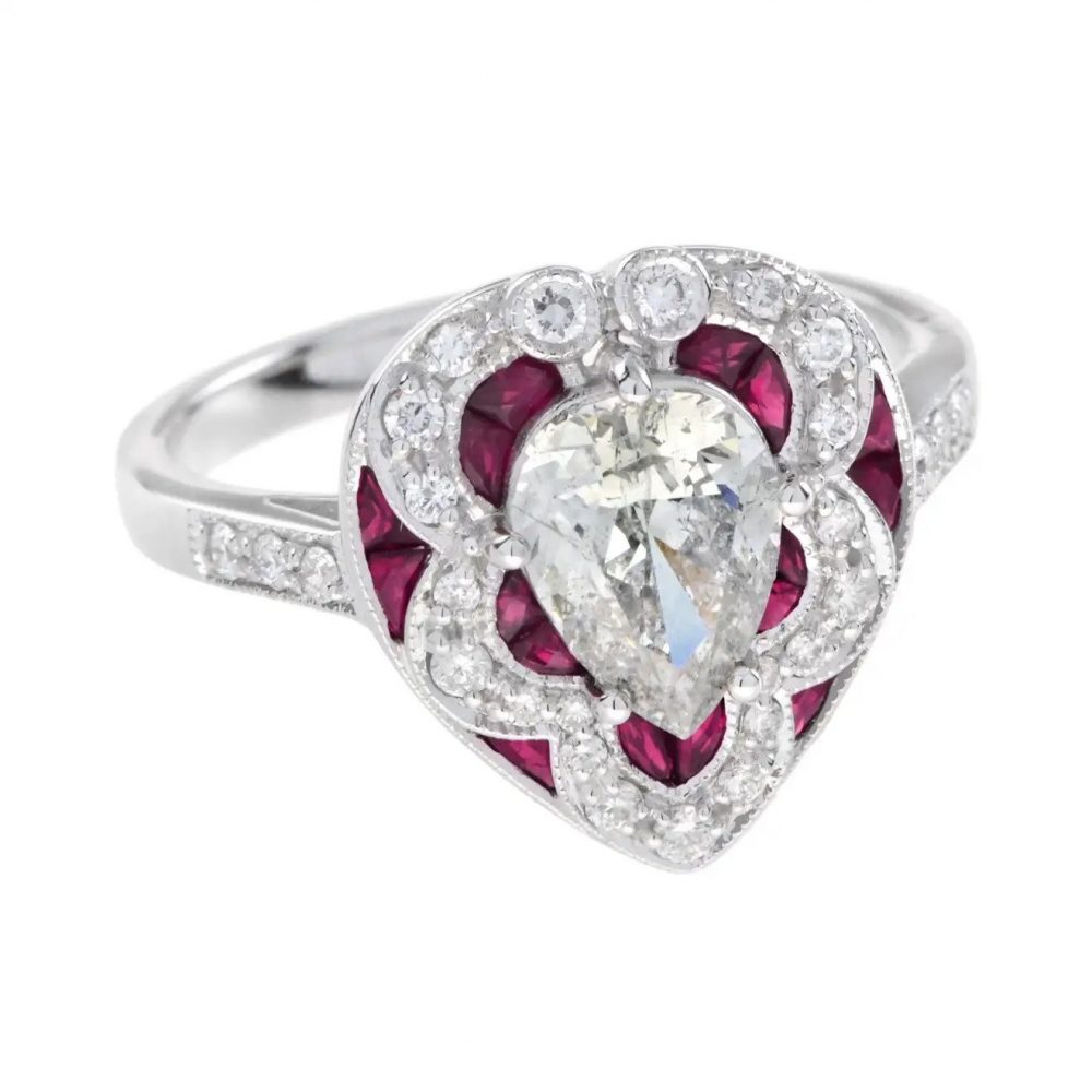 GIA Certified 1.05ct Pear Cut Diamond and Ruby Heart Shaped Cluster Ring