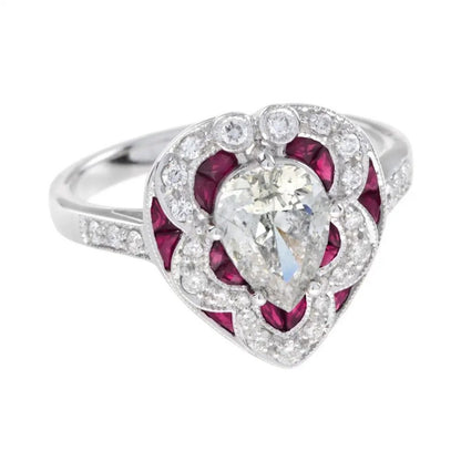GIA Certified 1.05ct Pear Cut Diamond and Ruby Heart Shaped Cluster Ring