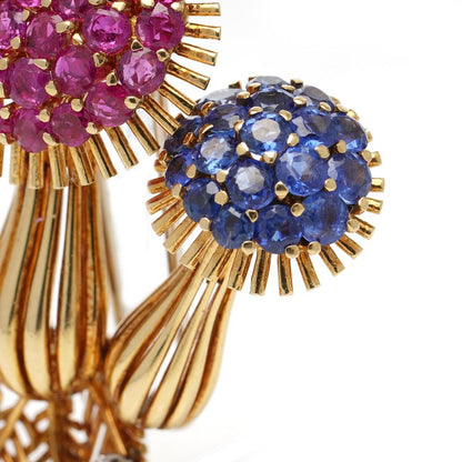 Vintage 18ct Yellow Gold Mushroom Brooch with Rubies and Sapphires