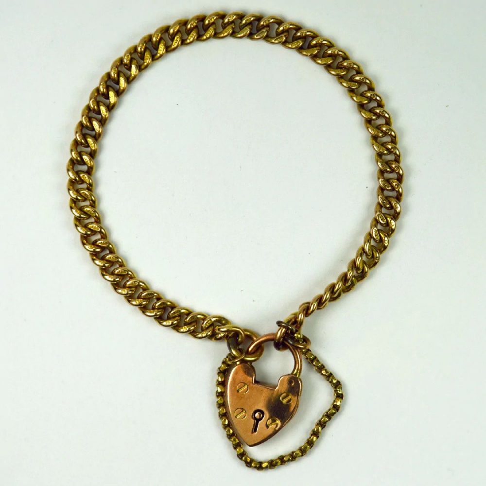 Antique Victorian Rose Gold Curb Link Bracelet with Heart Padlock Clasp