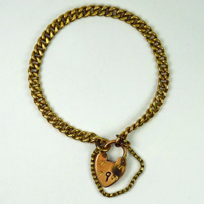 Antique Victorian Rose Gold Curb Link Bracelet with Heart Padlock Clasp
