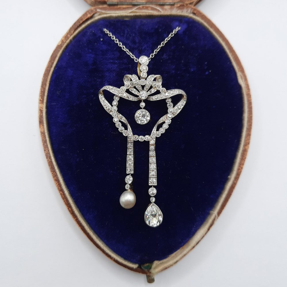 Antique Natural Pearl and Old Cut Diamond Negligee Pendant Necklace