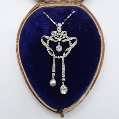 Antique Natural Pearl and Old Cut Diamond Negligee Pendant Necklace