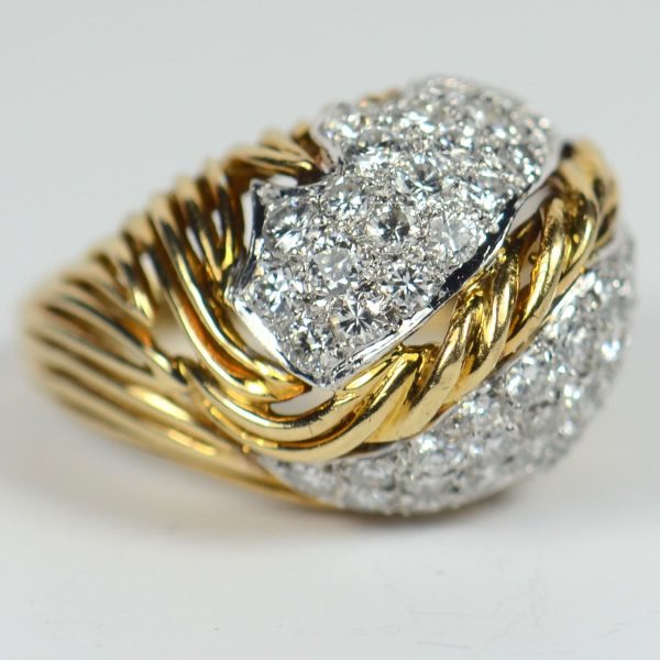Vintage 1950s Diamond and 18ct Yellow Gold Leaf Design Bombe Ring