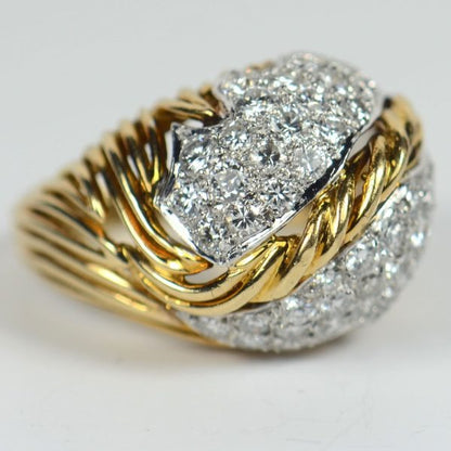 Vintage 1950s Diamond and 18ct Yellow Gold Leaf Design Bombe Ring