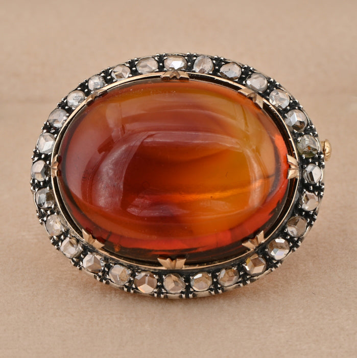 Antique 30ct Baltic Amber and 2.30ct Rose Cut Diamond Cluster Brooch