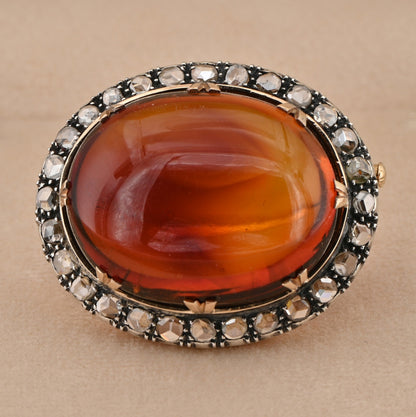 Antique 30ct Baltic Amber and 2.30ct Rose Cut Diamond Cluster Brooch