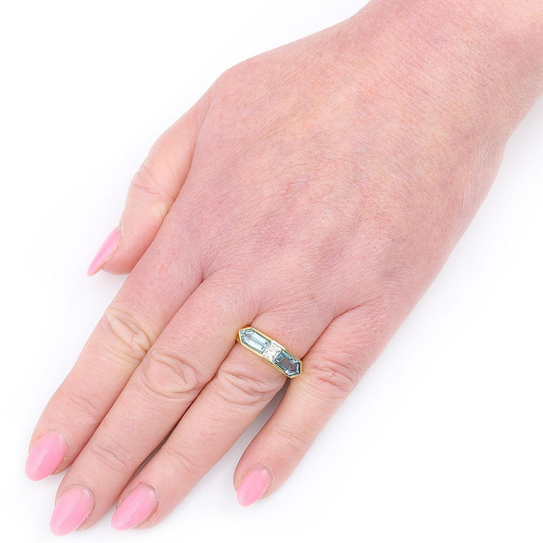 Vintage Trapeze Cut Aquamarine and Radiant Cut Diamond Three Stone Ring