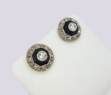 Art Deco Onyx and Old Cut Diamond Cluster Stud Earrings, 18ct white gold