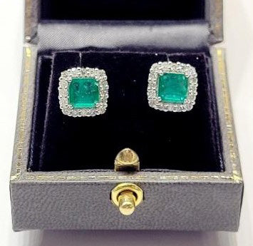 Octagonal Emerald and Diamond Cluster Earrings