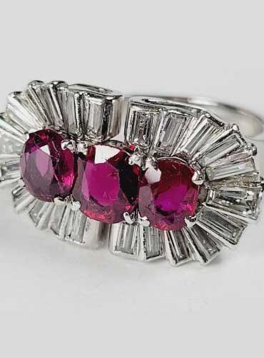 Vintage 1940s Ruby and Baguette Diamond Cocktail Ring in Platinum