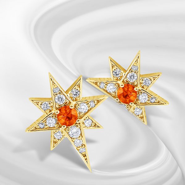 Orange Sapphire and Diamond Star Stud Earrings