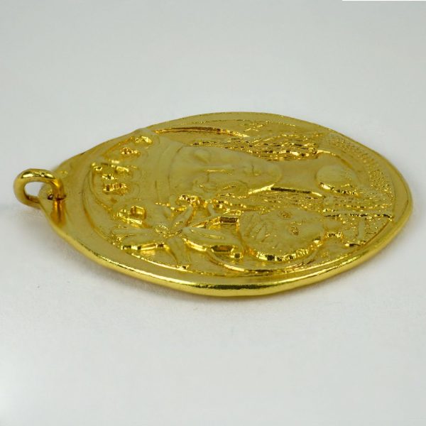 Virgin of the Lilies 18ct Yellow Gold Pendant; designed as a medal depicting the Madonna and Child with lilies, with cross on reverse