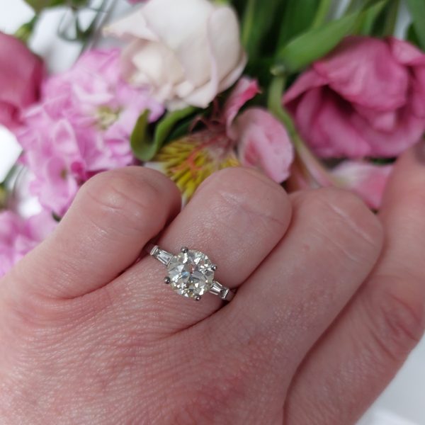 2.01ct Old Brilliant Cut Diamond Ring with Tapered Baguette Diamonds