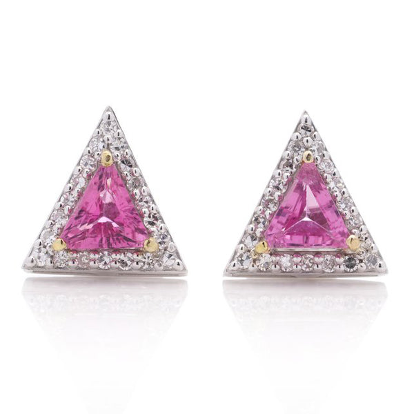 2.04ct Pink Sapphire and Diamond Triangle Cluster Stud Earrings
