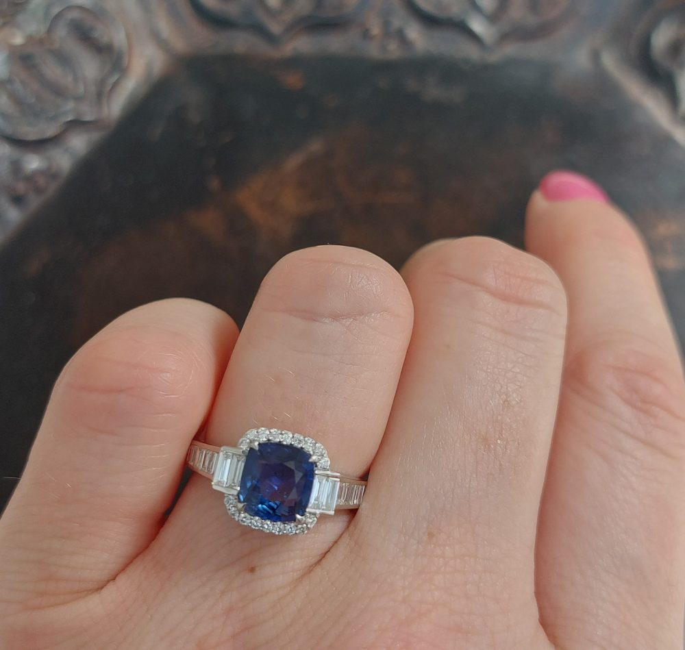 2.08ct Sapphire and Diamond Cushion Cluster Ring