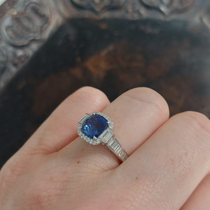 2.08ct Sapphire and Diamond Cushion Cluster Ring