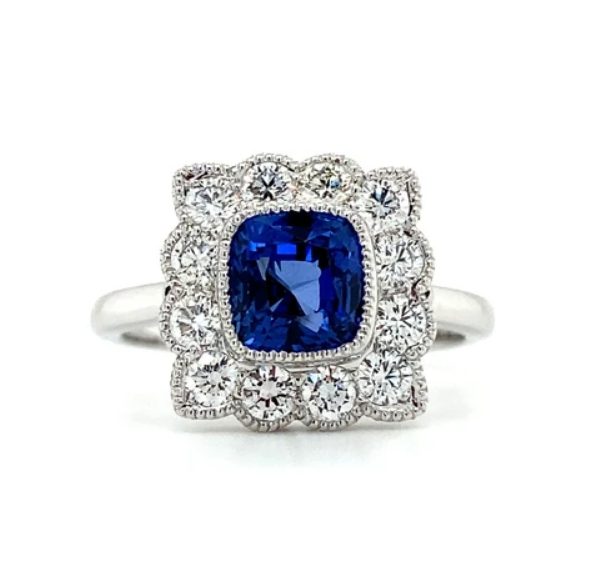 2.20ct Cushion Cut Sapphire And Diamond Cluster Ring