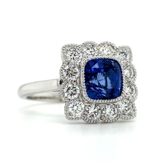 2.20ct Cushion Cut Sapphire And Diamond Cluster Ring