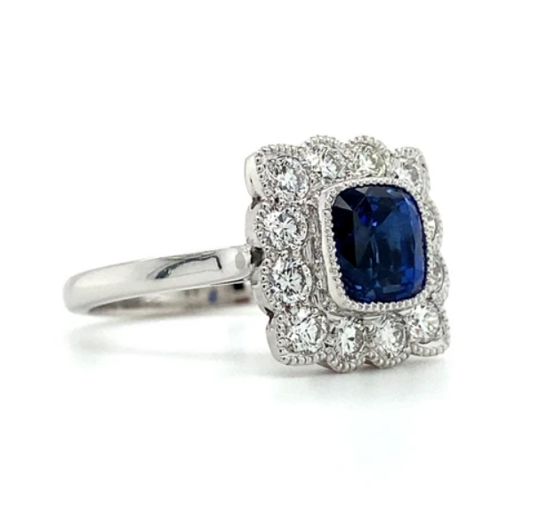 2.20ct Cushion Cut Sapphire And Diamond Cluster Ring