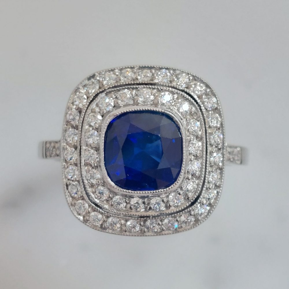 2.26ct Cushion Sapphire and Double Diamond Target Ring