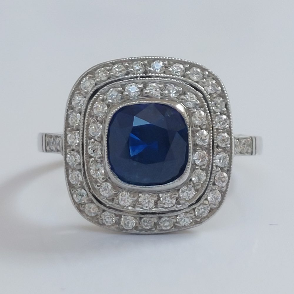 2.26ct Cushion Sapphire and Double Diamond Target Ring
