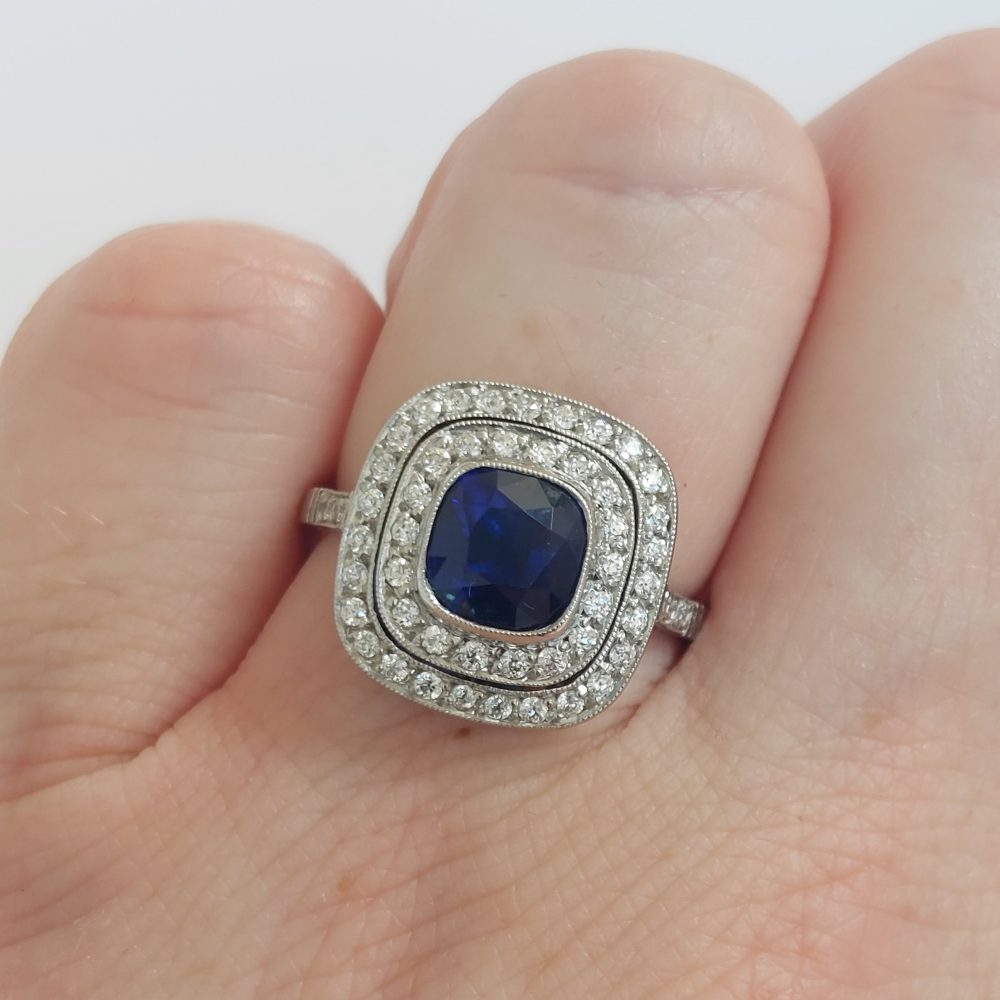 2.26ct Cushion Sapphire and Double Diamond Target Ring
