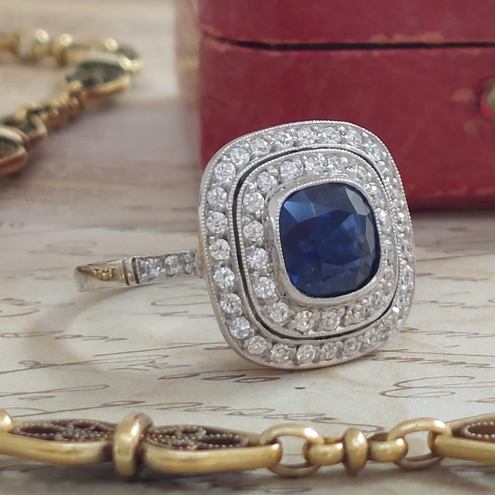 2.26ct Cushion Sapphire and Double Diamond Target Ring