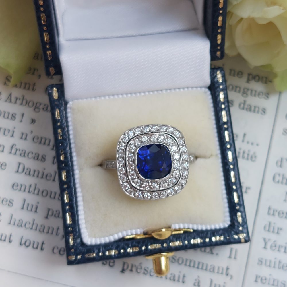 2.26ct Cushion Sapphire and Double Diamond Target Ring