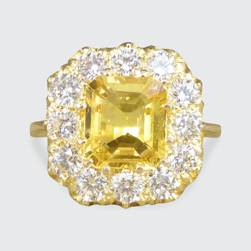 2.30ct Asscher Cut Yellow Sapphire and 1.40ct Diamond Cluster Ring