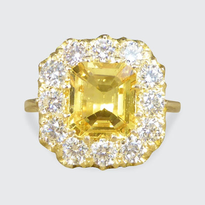 2.30ct Asscher Cut Yellow Sapphire and 1.40ct Diamond Cluster Ring