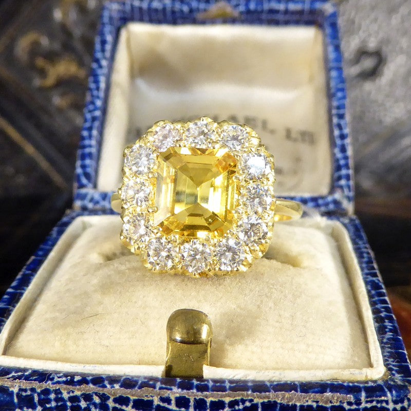 2.30ct Asscher Cut Yellow Sapphire and Diamond Cluster Ring