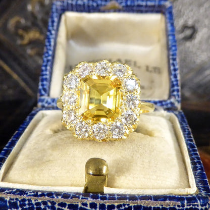 2.30ct Asscher Cut Yellow Sapphire and Diamond Cluster Ring