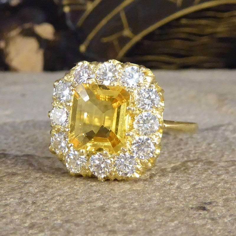 2.30ct Asscher Cut Yellow Sapphire and 1.40ct Diamond Cluster Ring
