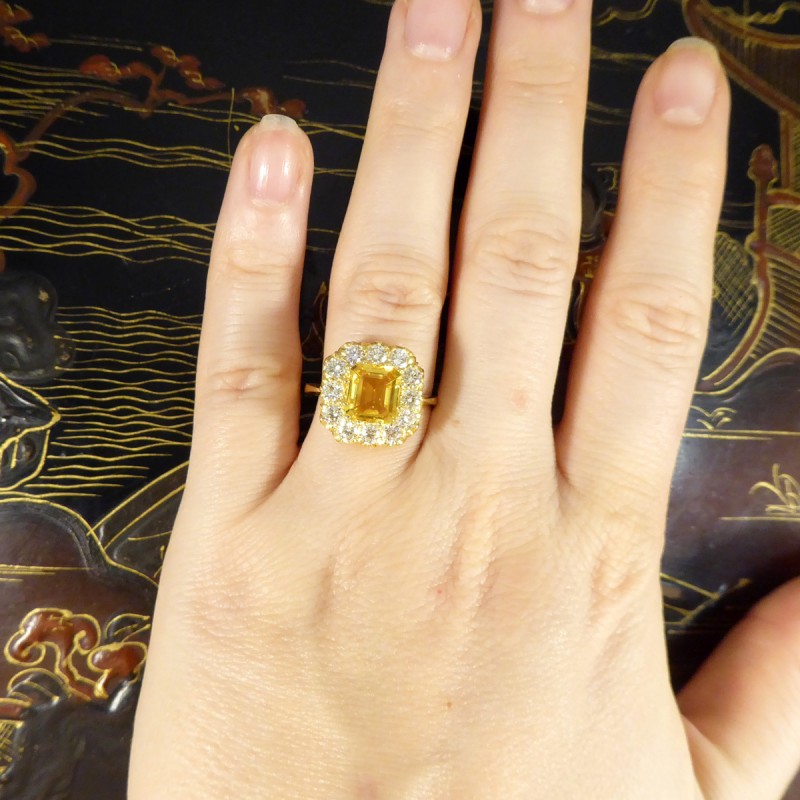 2.30ct Asscher Cut Yellow Sapphire and 1.40ct Diamond Cluster Ring