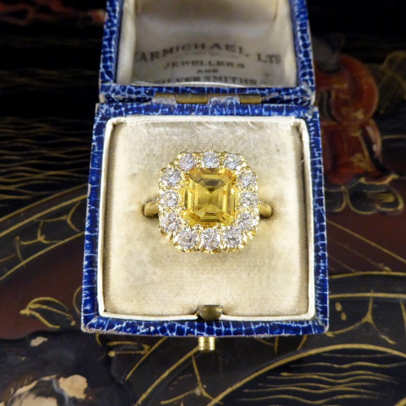 2.30ct Asscher Cut Yellow Sapphire and 1.40ct Diamond Cluster Ring
